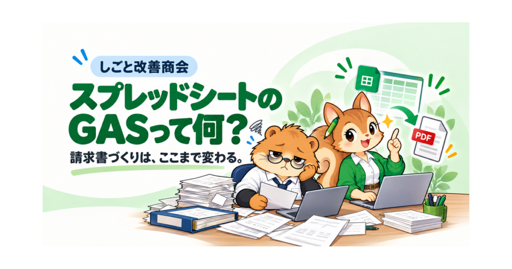 スプレッドシートのGASって何？ 請求書づくりの手作業と自動化を、しめ田さんとくるみさんで比較。