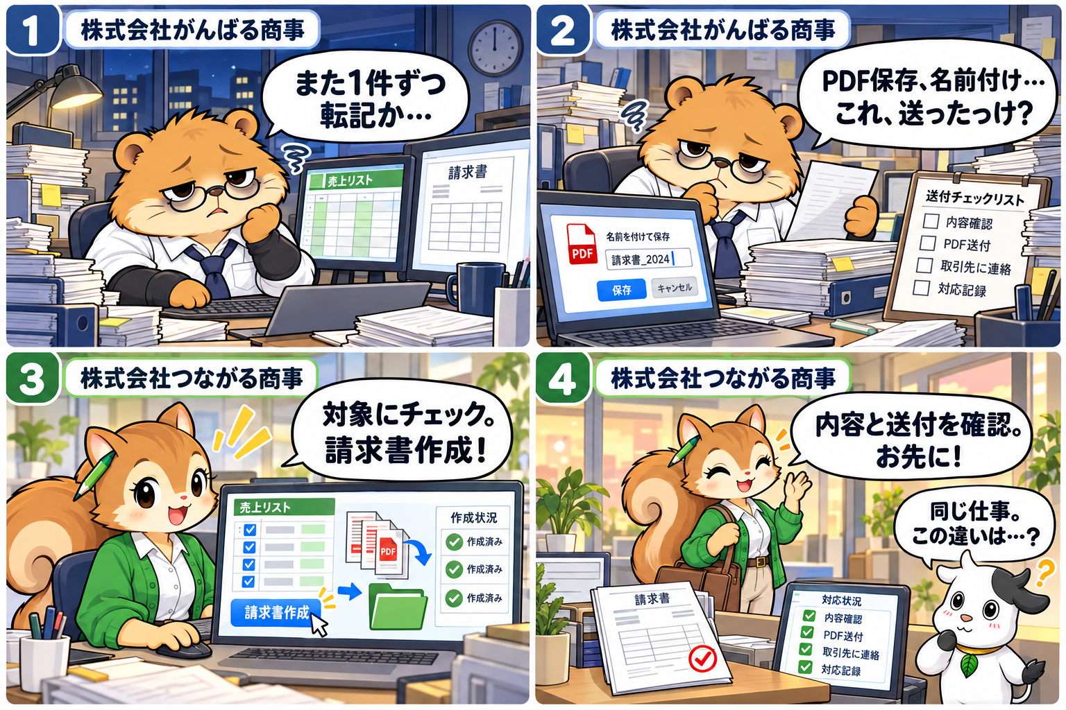 同じ売上一覧から請求書を作る、がんばる商事とつながる商事の違いを描いた4コマ漫画・PC版。