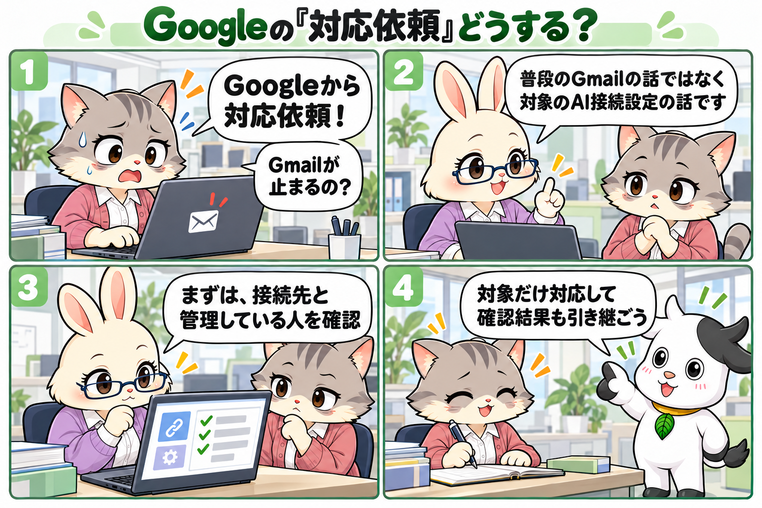 Googleの対応依頼に驚くうつし野さんに、九ちゃんがAI接続の設定案内と説明。接続先と管理担当を確かめ、確認結果を引き継ぐ4コマ漫画。