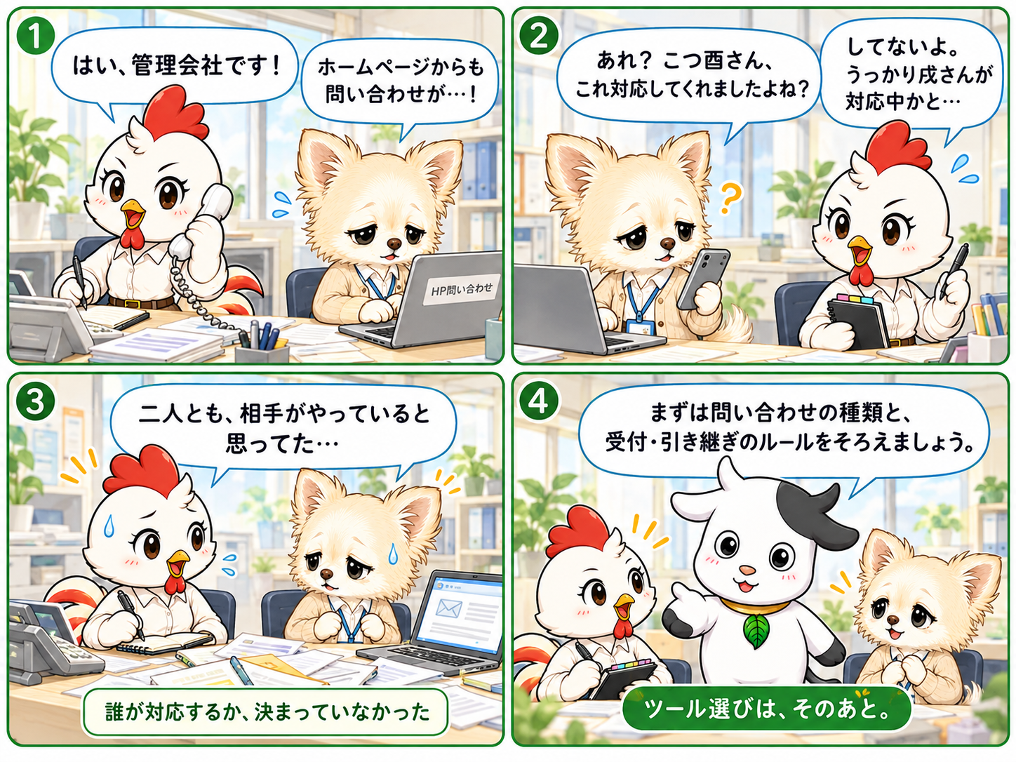 電話とホームページの問い合わせで対応が行き違い、受付と引き継ぎを見直す4コマ漫画・PC版