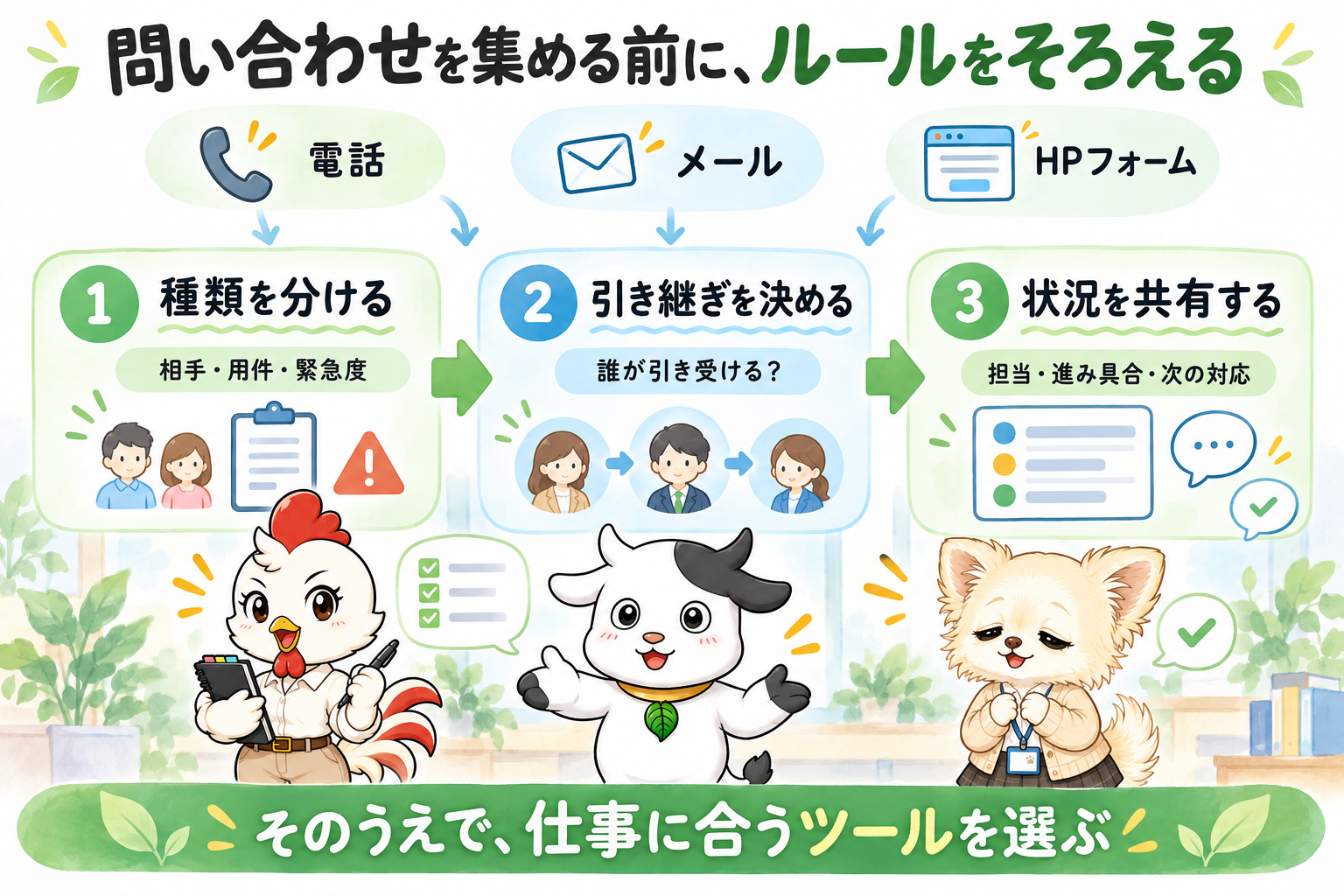 問い合わせを種類に分け、引き継ぎを決め、担当と状況を共有してからツールを選ぶ図解