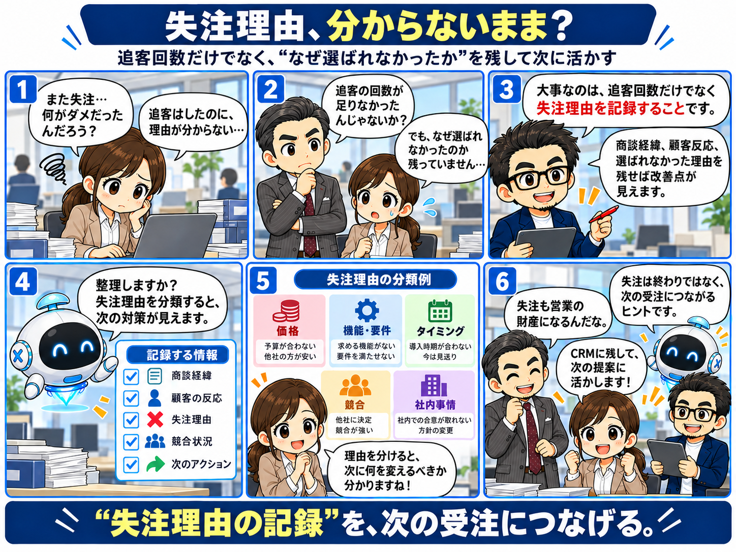 漫画：失注の理由を記録し、次の受注につなげる。追川さんと会田部長、タデヌマ、AIアシスタント・セツによる6コマの営業DX解説