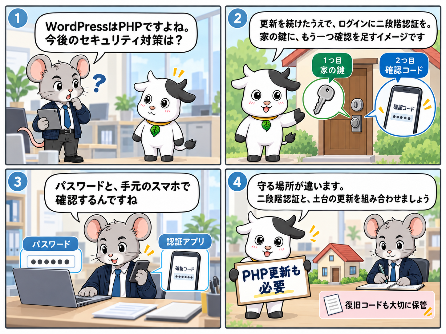 WordPressの二段階認証と家の鍵のたとえ：冒頭4コマ漫画・PC版