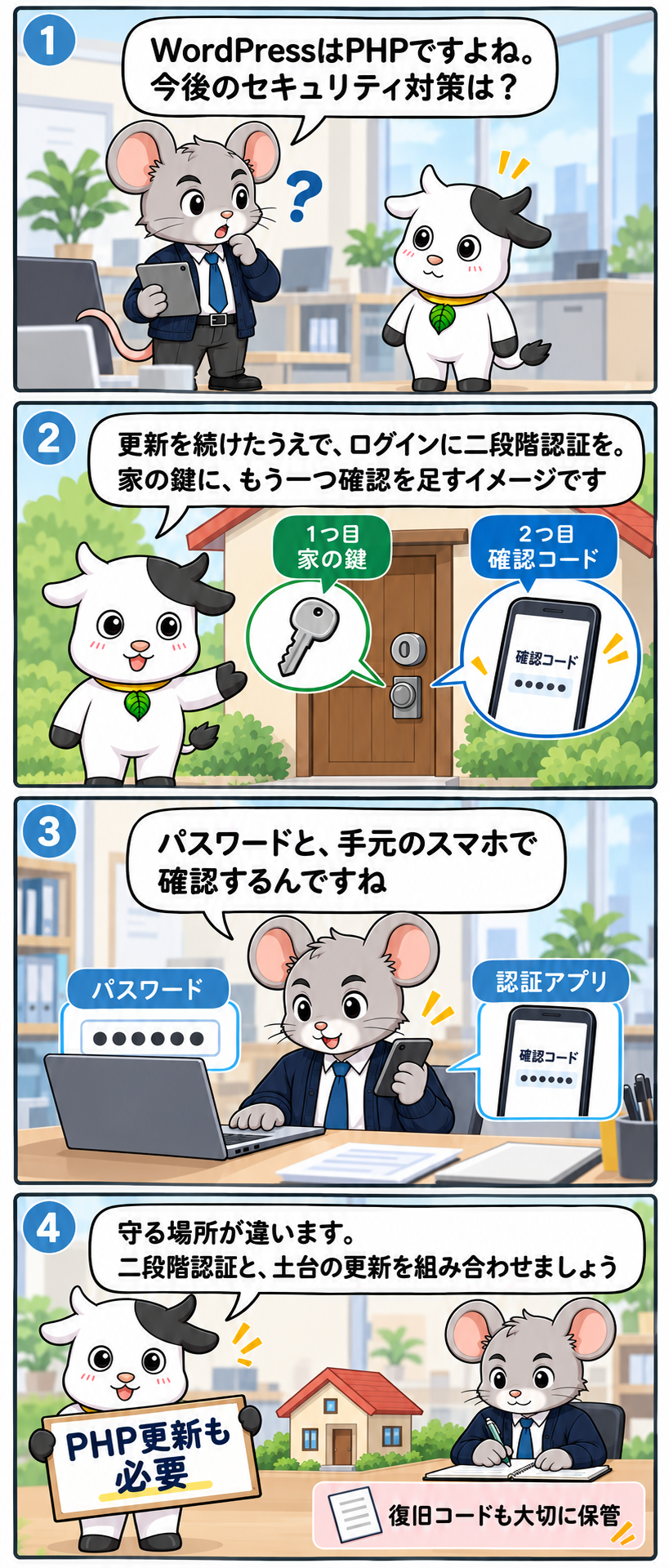 WordPressの二段階認証と家の鍵のたとえ：冒頭4コマ漫画・スマートフォン版