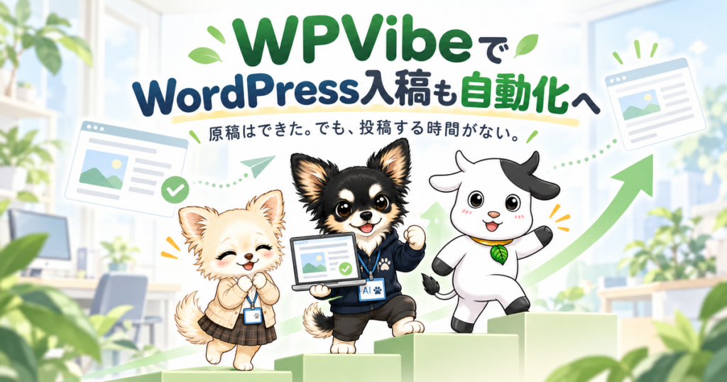 WPVibeでWordPressへの入稿も自動化へ。しっかり戌たちが改善の階段を上る