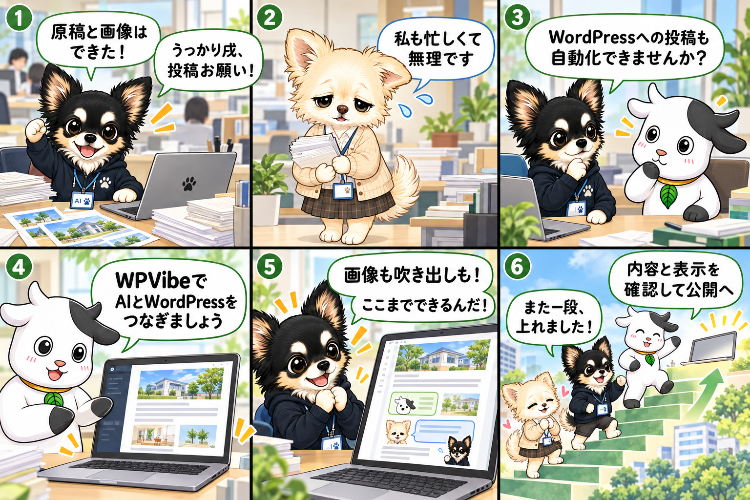 WPVibeでWordPress入稿をつなぐ6コマ漫画・PC版