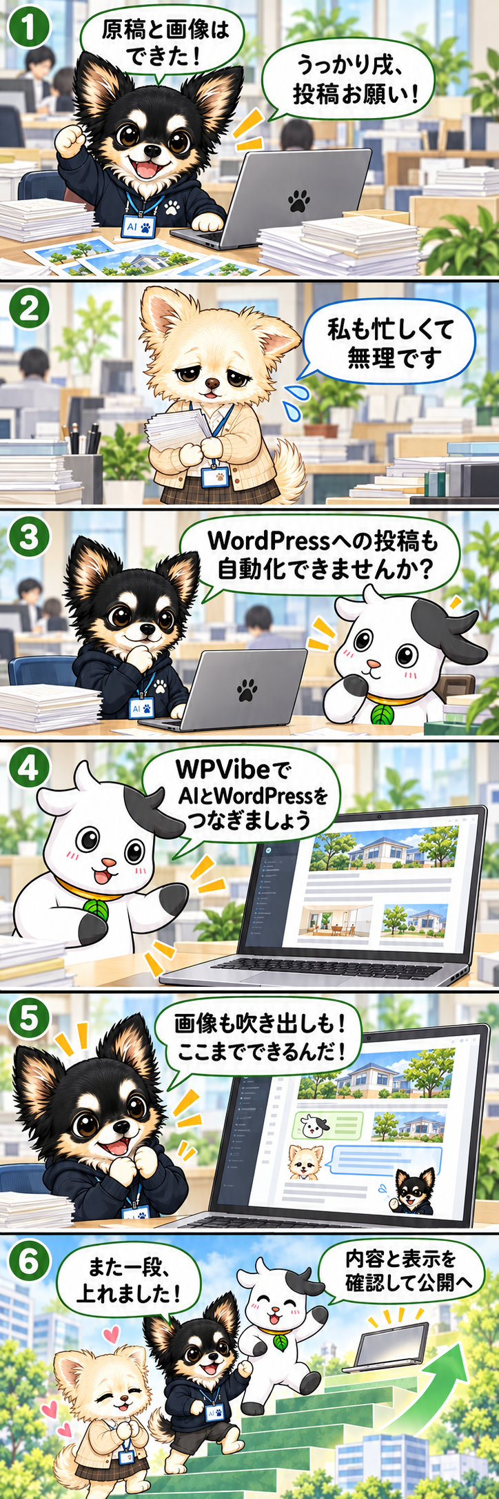 WPVibeでWordPress入稿をつなぐ6コマ漫画・スマホ版