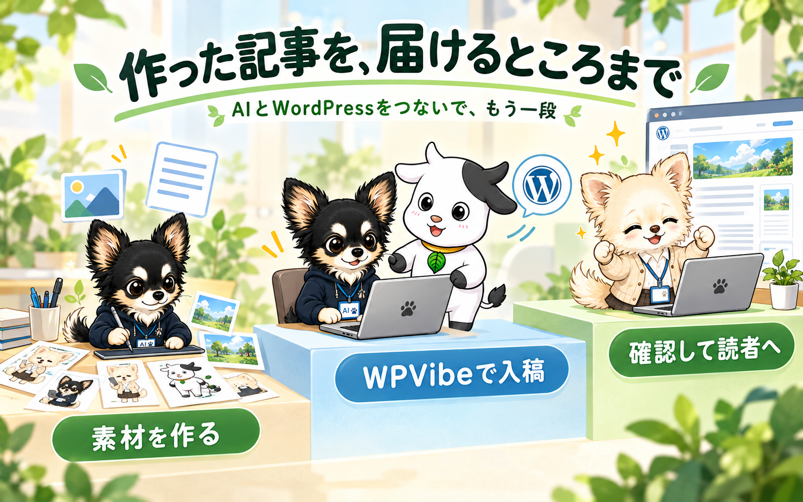 素材を作る段階からWPVibeで入稿をつなぎ、確認して読者に届ける階段