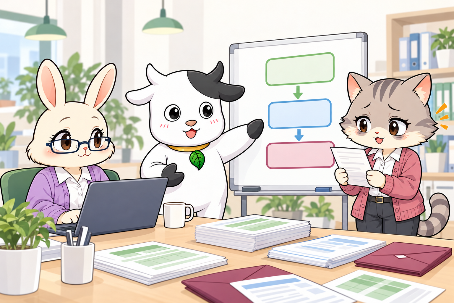 いざな丑と九ちゃんが、うつし野さんの困りごとを聞きながら仕事の流れを考えるイラスト。